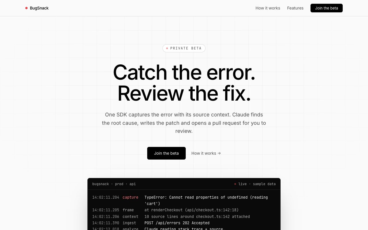BugSnack — error monitoring that opens a fix for review